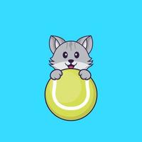 chat mignon jouant au tennis. concept de dessin animé animal isolé. peut être utilisé pour un t-shirt, une carte de voeux, une carte d'invitation ou une mascotte. style cartoon plat vecteur