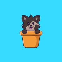 chat mignon dans un vase à fleurs. concept de dessin animé animal isolé. peut être utilisé pour un t-shirt, une carte de voeux, une carte d'invitation ou une mascotte. style cartoon plat vecteur