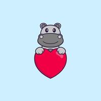 hippopotame mignon tenant un grand coeur rouge. concept de dessin animé animal isolé. peut être utilisé pour un t-shirt, une carte de voeux, une carte d'invitation ou une mascotte. style cartoon plat vecteur
