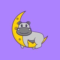 l'hippopotame mignon est sur la lune. concept de dessin animé animal isolé. peut être utilisé pour un t-shirt, une carte de voeux, une carte d'invitation ou une mascotte. style cartoon plat vecteur