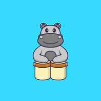 hippopotame mignon joue de la batterie. concept de dessin animé animal isolé. peut être utilisé pour un t-shirt, une carte de voeux, une carte d'invitation ou une mascotte. style cartoon plat vecteur