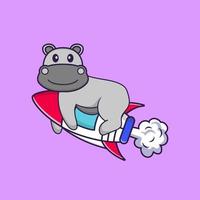 hippopotame mignon volant sur fusée. concept de dessin animé animal isolé. peut être utilisé pour un t-shirt, une carte de voeux, une carte d'invitation ou une mascotte. style cartoon plat vecteur