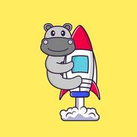hippopotame mignon volant sur fusée. concept de dessin animé animal isolé. peut être utilisé pour un t-shirt, une carte de voeux, une carte d'invitation ou une mascotte. style cartoon plat vecteur