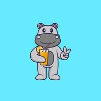 hippopotame mignon tenant du jus d'orange en verre. concept de dessin animé animal isolé. peut être utilisé pour un t-shirt, une carte de voeux, une carte d'invitation ou une mascotte. style cartoon plat vecteur