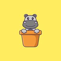 hippopotame mignon dans un vase à fleurs. concept de dessin animé animal isolé. peut être utilisé pour un t-shirt, une carte de voeux, une carte d'invitation ou une mascotte. style cartoon plat vecteur