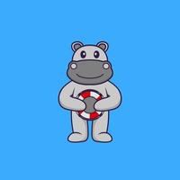 hippopotame mignon tenant une bouée. concept de dessin animé animal isolé. peut être utilisé pour un t-shirt, une carte de voeux, une carte d'invitation ou une mascotte. style cartoon plat vecteur