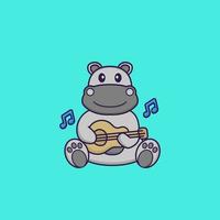 hippopotame mignon jouant de la guitare. concept de dessin animé animal isolé. peut être utilisé pour un t-shirt, une carte de voeux, une carte d'invitation ou une mascotte. style cartoon plat vecteur