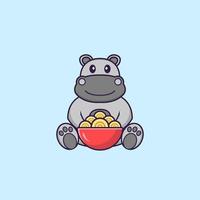 hippopotame mignon mangeant des nouilles ramen. concept de dessin animé animal isolé. peut être utilisé pour un t-shirt, une carte de voeux, une carte d'invitation ou une mascotte. style cartoon plat vecteur