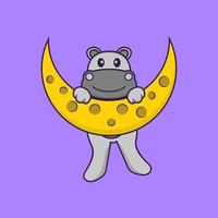 l'hippopotame mignon est sur la lune. concept de dessin animé animal isolé. peut être utilisé pour un t-shirt, une carte de voeux, une carte d'invitation ou une mascotte. style cartoon plat vecteur