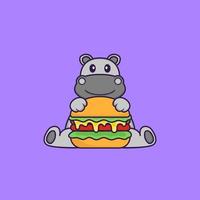 hippopotame mignon mangeant un hamburger. concept de dessin animé animal isolé. peut être utilisé pour un t-shirt, une carte de voeux, une carte d'invitation ou une mascotte. style cartoon plat vecteur