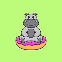 l'hippopotame mignon est assis sur des beignets. concept de dessin animé animal isolé. peut être utilisé pour un t-shirt, une carte de voeux, une carte d'invitation ou une mascotte. style cartoon plat vecteur