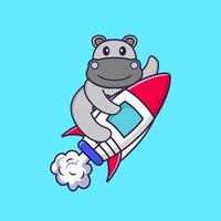 hippopotame mignon volant sur fusée. concept de dessin animé animal isolé. peut être utilisé pour un t-shirt, une carte de voeux, une carte d'invitation ou une mascotte. style cartoon plat vecteur