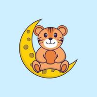 le tigre mignon est assis sur la lune. concept de dessin animé animal isolé. peut être utilisé pour un t-shirt, une carte de voeux, une carte d'invitation ou une mascotte. style cartoon plat vecteur