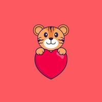 tigre mignon tenant un grand coeur rouge. concept de dessin animé animal isolé. peut être utilisé pour un t-shirt, une carte de voeux, une carte d'invitation ou une mascotte. style cartoon plat vecteur