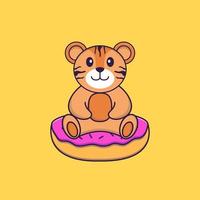 le tigre mignon est assis sur des beignets. concept de dessin animé animal isolé. peut être utilisé pour un t-shirt, une carte de voeux, une carte d'invitation ou une mascotte. style cartoon plat vecteur