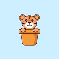 tigre mignon dans un vase à fleurs. concept de dessin animé animal isolé. peut être utilisé pour un t-shirt, une carte de voeux, une carte d'invitation ou une mascotte. style cartoon plat vecteur