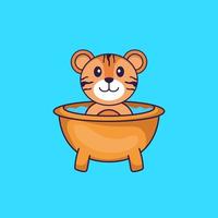 tigre mignon prenant un bain dans la baignoire. concept de dessin animé animal isolé. peut être utilisé pour un t-shirt, une carte de voeux, une carte d'invitation ou une mascotte. style cartoon plat vecteur