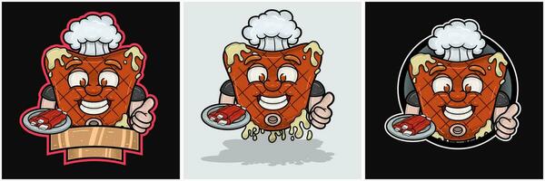 ensemble de du boeuf steak mascotte dessin animé avec Viande dans assiette et content affronter. pour nourriture, Viande, barbecue et du boeuf logo. vecteur