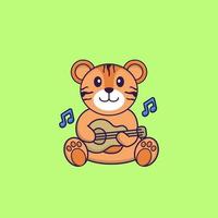 tigre mignon jouant de la guitare. concept de dessin animé animal isolé. peut être utilisé pour un t-shirt, une carte de voeux, une carte d'invitation ou une mascotte. style cartoon plat vecteur