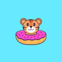 tigre mignon avec un beignet sur son cou. concept de dessin animé animal isolé. peut être utilisé pour un t-shirt, une carte de voeux, une carte d'invitation ou une mascotte. style cartoon plat vecteur