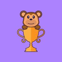 singe mignon avec trophée d'or. concept de dessin animé animal isolé. peut être utilisé pour un t-shirt, une carte de voeux, une carte d'invitation ou une mascotte. style cartoon plat vecteur