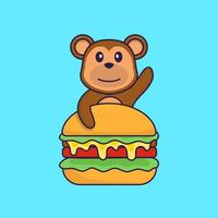 singe mignon mangeant un hamburger. concept de dessin animé animal isolé. peut être utilisé pour un t-shirt, une carte de voeux, une carte d'invitation ou une mascotte. style cartoon plat vecteur