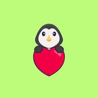 pingouin mignon tenant un gros coeur rouge. concept de dessin animé animal isolé. peut être utilisé pour un t-shirt, une carte de voeux, une carte d'invitation ou une mascotte. style cartoon plat vecteur