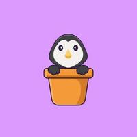 pingouin mignon dans un vase à fleurs. concept de dessin animé animal isolé. peut être utilisé pour un t-shirt, une carte de voeux, une carte d'invitation ou une mascotte. style cartoon plat vecteur
