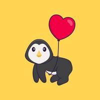 pingouin mignon volant avec des ballons en forme d'amour. concept de dessin animé animal isolé. peut être utilisé pour un t-shirt, une carte de voeux, une carte d'invitation ou une mascotte. style cartoon plat vecteur