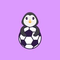 pingouin mignon jouant au football. concept de dessin animé animal isolé. peut être utilisé pour un t-shirt, une carte de voeux, une carte d'invitation ou une mascotte. style cartoon plat vecteur