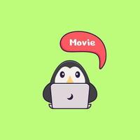 le pingouin mignon regarde un film. concept de dessin animé animal isolé. peut être utilisé pour un t-shirt, une carte de voeux, une carte d'invitation ou une mascotte. style cartoon plat vecteur