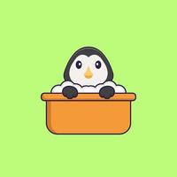pingouin mignon prenant un bain dans la baignoire. concept de dessin animé animal isolé. peut être utilisé pour un t-shirt, une carte de voeux, une carte d'invitation ou une mascotte. style cartoon plat vecteur