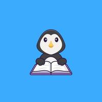 pingouin mignon lisant un livre. concept de dessin animé animal isolé. peut être utilisé pour un t-shirt, une carte de voeux, une carte d'invitation ou une mascotte. style cartoon plat vecteur