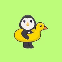 pingouin mignon avec bouée canard. concept de dessin animé animal isolé. peut être utilisé pour un t-shirt, une carte de voeux, une carte d'invitation ou une mascotte. style cartoon plat vecteur