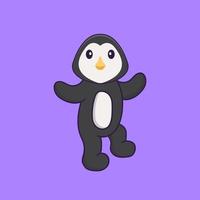 le pingouin mignon danse. concept de dessin animé animal isolé. peut être utilisé pour un t-shirt, une carte de voeux, une carte d'invitation ou une mascotte. style cartoon plat vecteur