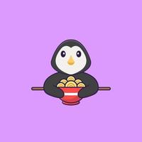 pingouin mignon mangeant des nouilles ramen. concept de dessin animé animal isolé. peut être utilisé pour un t-shirt, une carte de voeux, une carte d'invitation ou une mascotte. style cartoon plat vecteur