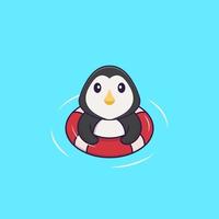le pingouin mignon nage avec une bouée. concept de dessin animé animal isolé. peut être utilisé pour un t-shirt, une carte de voeux, une carte d'invitation ou une mascotte. style cartoon plat vecteur