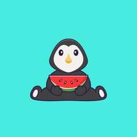 pingouin mignon mangeant de la pastèque. concept de dessin animé animal isolé. peut être utilisé pour un t-shirt, une carte de voeux, une carte d'invitation ou une mascotte. style cartoon plat vecteur
