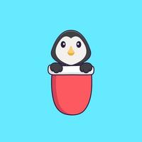 pingouin mignon dans la poche rouge. concept de dessin animé animal isolé. peut être utilisé pour un t-shirt, une carte de voeux, une carte d'invitation ou une mascotte. style cartoon plat vecteur