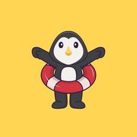 pingouin mignon utilisant un flotteur. concept de dessin animé animal isolé. peut être utilisé pour un t-shirt, une carte de voeux, une carte d'invitation ou une mascotte. style cartoon plat vecteur