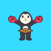 mignon pingouin en costume de boxeur avec ceinture de champion. concept de dessin animé animal isolé. peut être utilisé pour un t-shirt, une carte de voeux, une carte d'invitation ou une mascotte. style cartoon plat vecteur