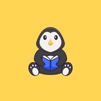 pingouin mignon lisant un livre. concept de dessin animé animal isolé. peut être utilisé pour un t-shirt, une carte de voeux, une carte d'invitation ou une mascotte. style cartoon plat vecteur