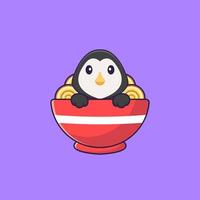 pingouin mignon mangeant des nouilles ramen. concept de dessin animé animal isolé. peut être utilisé pour un t-shirt, une carte de voeux, une carte d'invitation ou une mascotte. style cartoon plat vecteur