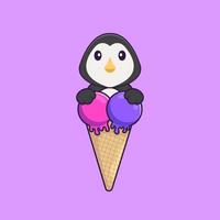 pingouin mignon avec de la crème glacée sucrée. concept de dessin animé animal isolé. peut être utilisé pour un t-shirt, une carte de voeux, une carte d'invitation ou une mascotte. style cartoon plat vecteur