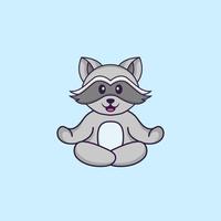 le raton laveur mignon médite ou fait du yoga. concept de dessin animé animal isolé. peut être utilisé pour un t-shirt, une carte de voeux, une carte d'invitation ou une mascotte. style cartoon plat vecteur