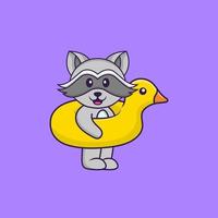 raton laveur mignon avec bouée de canard. concept de dessin animé animal isolé. peut être utilisé pour un t-shirt, une carte de voeux, une carte d'invitation ou une mascotte. style cartoon plat vecteur