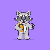 raton laveur mignon tenant du jus d'orange en verre. concept de dessin animé animal isolé. peut être utilisé pour un t-shirt, une carte de voeux, une carte d'invitation ou une mascotte. style cartoon plat vecteur