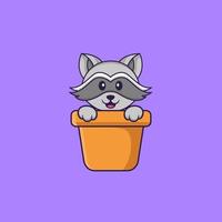 raton laveur mignon dans un vase à fleurs. concept de dessin animé animal isolé. peut être utilisé pour un t-shirt, une carte de voeux, une carte d'invitation ou une mascotte. style cartoon plat vecteur