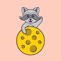 le raton laveur mignon est sur la lune. concept de dessin animé animal isolé. peut être utilisé pour un t-shirt, une carte de voeux, une carte d'invitation ou une mascotte. style cartoon plat vecteur