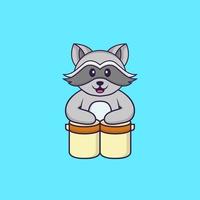 le raton laveur mignon joue de la batterie. concept de dessin animé animal isolé. peut être utilisé pour un t-shirt, une carte de voeux, une carte d'invitation ou une mascotte. style cartoon plat vecteur